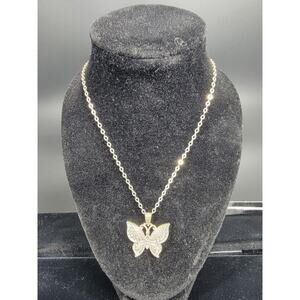 Vintage 925 Sterling Silver Necklace & Stones Filigree Butterfly Pendant 18" Cha